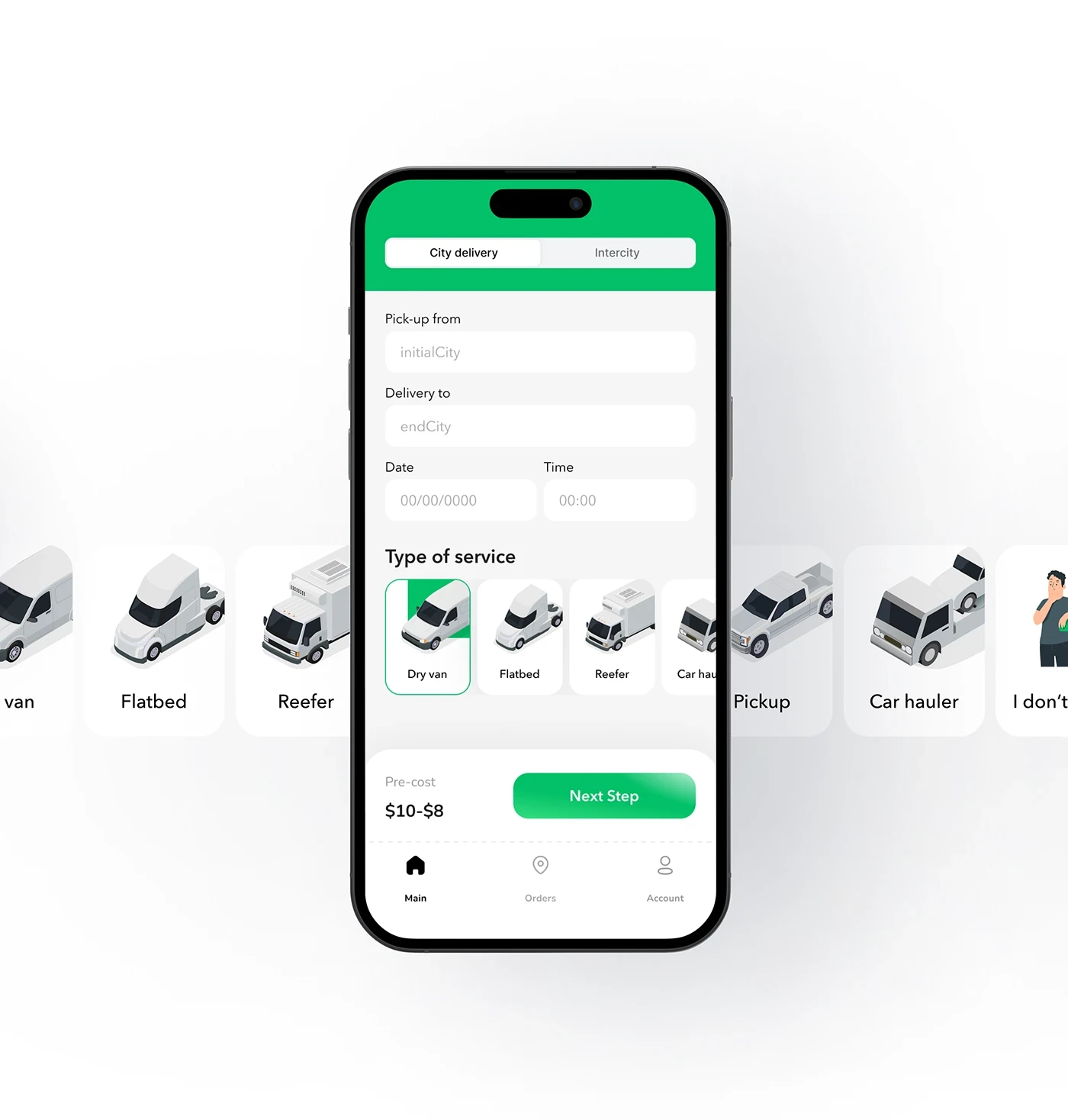 Original Moses Movers app concept showing pickup, destination and vehicle selection