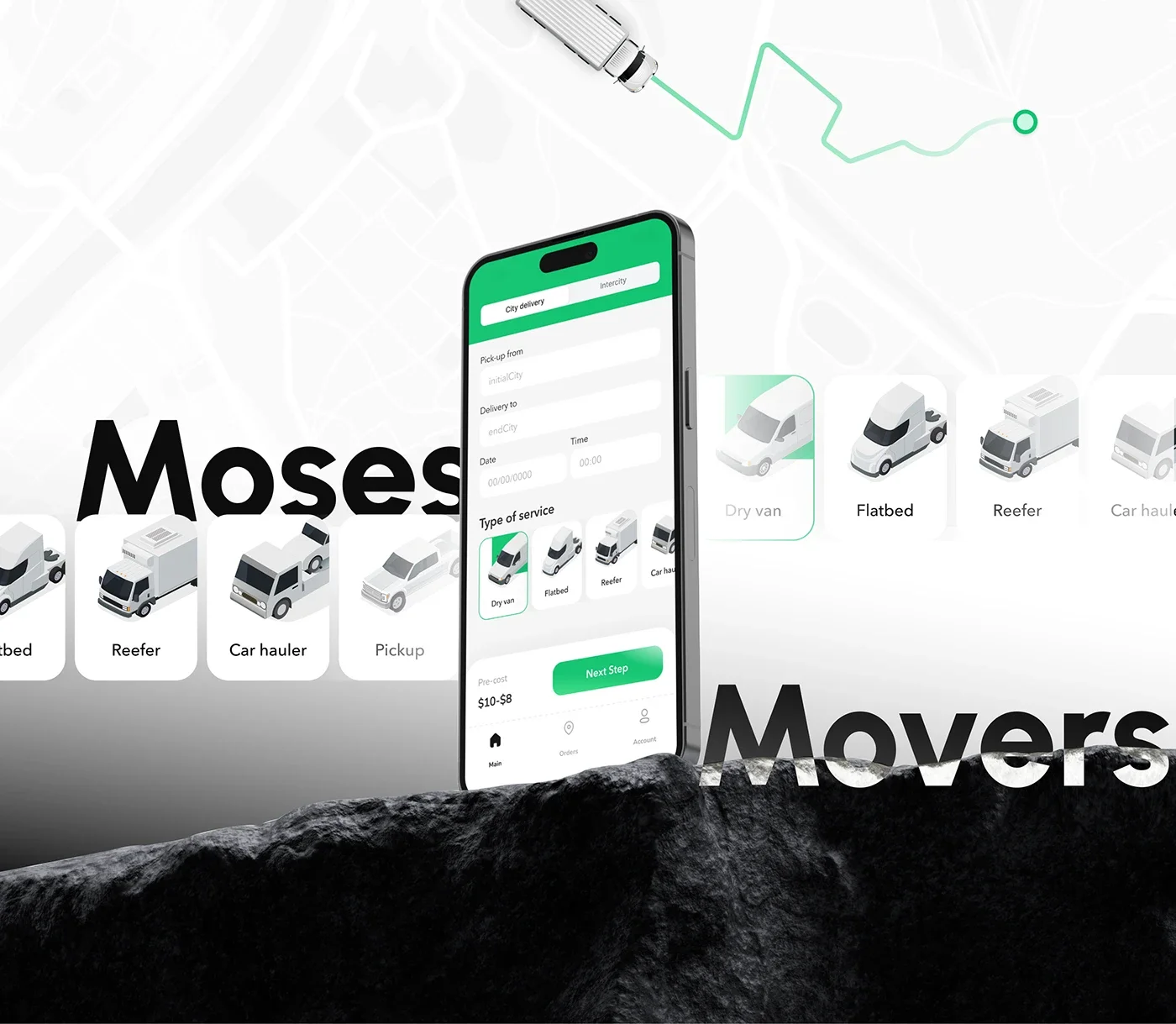 Moses Movers brand concept with a mobile app, delivery vehicles and a green route